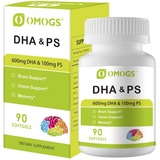 [BRSRAYYKPNYREHTP] OMOGS Algae DHA - 600 mg Omega-3 DHA Softgels, with Phosphatidylserine & Walnut Oil, Supports Healthy Brain Function, Vision, Eye & Memory, Gluten Free, Non-GMO, 90 Softgels