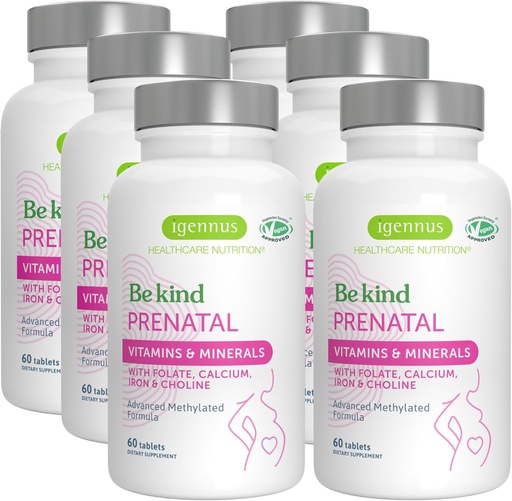 [BRSRAYD7AQFBQDL5] Igennus Methylated Prenatal Multivitamin for Women, Folate for MTHFR, High Absorption, Pure & Clean, Gentle Iron, Choline, Calcium & Magnesium, Vegan Pregnancy Vitamins, Halal, Non-GMO, 60 Tablets x 6