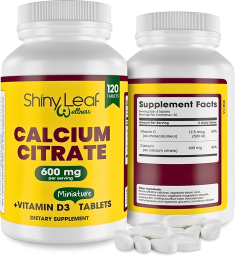 [BRSRAFIPBF6QGA37] Shiny Leaf Calcium Minis 600 mg - Daily Tablets of Calcium Citrate 600mg Plus Vitamin D3 for Bariatric Post-Op and Gastric Bypass for Women and Men, Easy to Swallow, Made in USA, Vegetarian - 120 Ct.