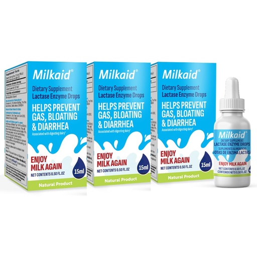 [BRSROHQ2OQAW2F34] Milkaid Lactase Enzyme Drops for Lactose Intolerance | Prevents Gas, Bloating & Diarrhea | Fast Acting Dairy Digestive Supplement | Gluten Free & Vegetarian | No Artificial Flavor | 0.5 Fl Oz (3)