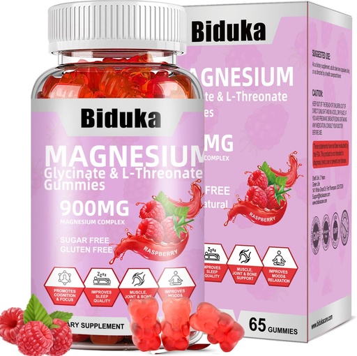 [BRSROAQ5AEBAEDLX] 900mg Magnesium Glycinate Gummies, 65 Count, Sugar Free Magnesium Complex with L-Threonate, Potassium, Vitamin D, B6, CoQ10 Supplement for Relaxation, Raspberry Flavor