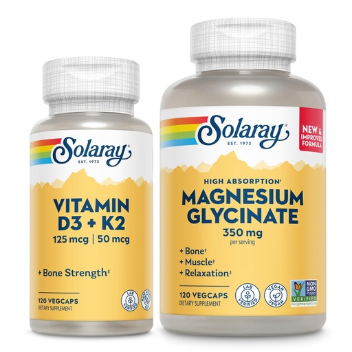 [BRSRA2YKAAMQG2TP] SOLARAY Vitamin D3 K2 and Magnesium Glycinate - Bone Health Bundle - Calcium Absorption, Nerve, Heart and Immune Support w/ 5000 IU Vitamin D, 350mg Chelated Magnesium, 60-Day Guarantee, 120ct/120ct