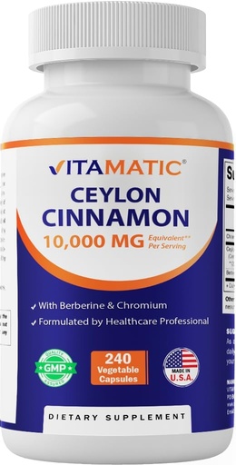 [BRSROCQZAVYAK3I6] Ceylan vitamatique Cinnamon 10000 mg Équivalent par portion (à partir de 20:1 Extrait 500 mg) avec berbère et chrome - 240 capsules végétales - Non-OGM et sans gluten