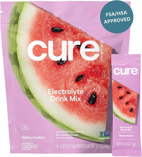[BRSWYBDYBN6GGHQ4] Cure Hydration | Plant-Based Electrolyte Drink Mix | No Added Sugar | FSA-HSA | Dehydration Relief Powder Made with Coconut Water | Non-GMO | Vegan | Pouch of 14 Packets - Watermelon