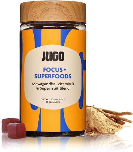 [BRSROBQPPMNWAEQU] JUGO Focus + SUPERFOODS | Ashwagandha Gummies with Vitamin D3 & Superfruit Blend | 40 Count Plant - Based Adaptogen Gummies | Gelatin-Free, Non-GMO, Made in USA