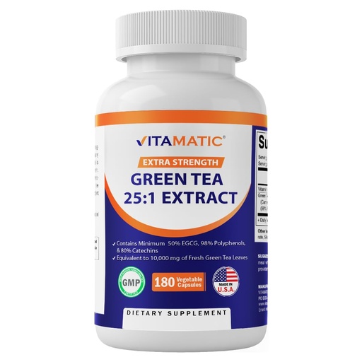 [BRSRAZI7A4PWCGT7] Vitamatic Green Tea Extract with Vitamin C, 25X Concentrate, 98% Polyphenols, 80% Catechins, 50% EGCG, 180 Veg Capsules