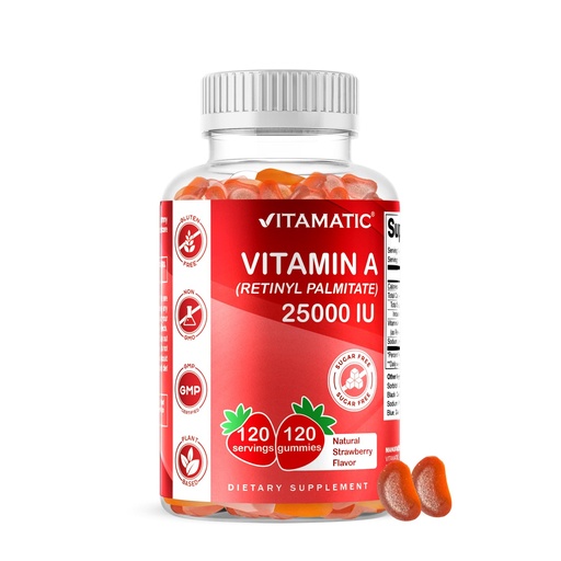[BRSROYAYAUBRAHLV] Vitamatic Sugar Free Vitamin A 25000 IU Gummies (Retinyl Palmitate) - Natural Strawberry Flavor - 120 Pectin Based Gummies (1 Bottle)