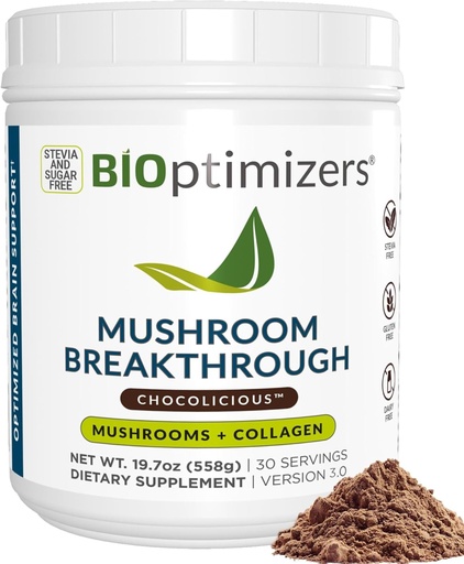 [BRSROBLQOF4AIEYY] BIOptimizers Mushroom Coffee Alternative – Chocolate Drink – Lion’s Mane, Chaga, Reishi + Collagen Peptides for Focus, Energy & Gut Health – Adaptogenic Mushrooms & MCT Powder – 30 Servings