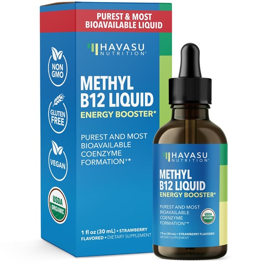 [BRSRMH32AQPBAYDF] USDA Organic Vitamin B12 Liquid Drops - Methylcobalamin for Enhanced Energy and Nervous System Support - 30 Servings - Highly Bioavailable for Absorption - Non-GMO, Vegan, Strawberry Flavor, 1 Fl Oz