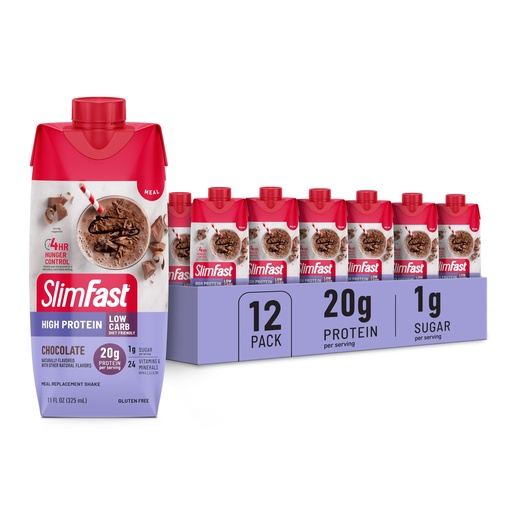 [BRSRMHTRCMARU3LA] SlimFast Protein Shake, Chocolate- 20g Protein, Meal Replacement Shake Ready to Drink, High Protein with Low Carb and Low Sugar, 24 Vitamins and Minerals, 12 Count (Pack of 1) (Packaging May Vary)