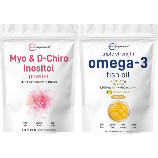 [BRSRAAQRDEBAMF33] Micro Ingredients Omega-3 Fish Oil 4,200 mg Softgels & Myo & D-Chiro Inositol Powder Bundle 2 Pack | Wild-Caught Fish, Lemon Flavored, Burpless | Inositol Supplement for Women