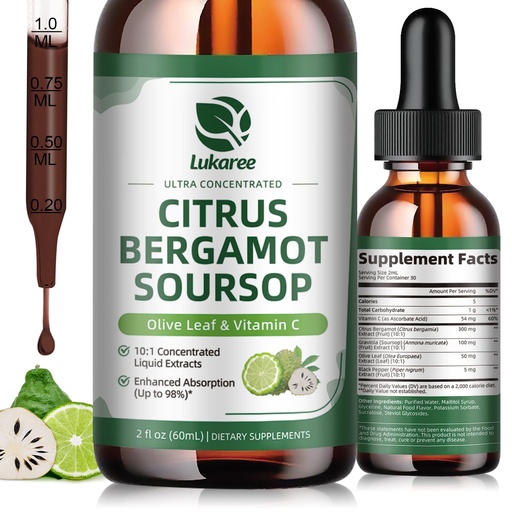 [BRSRAYD4AEMAYDLF] Citrus Bergamot + Soursop Liquid Drops with Olive Leaf, Vitamin C, Black Pepper for Enhanced Absorption, Herbal Wellness Supplement for Cholesterol, Heart & Digestive, Vegan, Sugar free, 2 Fl Oz