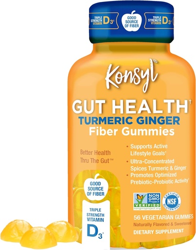 [BRSRMZDQCEARGGTA] Konsyl Gut Health Turmeric Ginger Fiber Gummies - Helps Support Digestive Health+ - Vegetarian Fiber Supplement Gummies for Adults- 56 Count