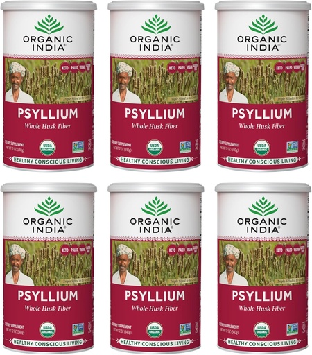 [BRSWIYYMOMPR43T6] INDE ORGANIQUE Poudre de musc de Psyllium entière Organique - Supplément de fibre de musc de Psyllium, Soutien de digestion, Vegan, Sans gluten, Non-OGM, Soluble & Insoluble Fibre Source - 12 oz Canister, 6 Pack