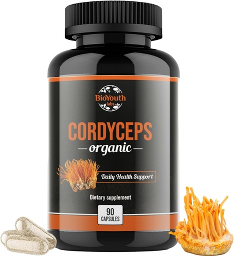 [BRSROGTYBUIGK3D5] Cordyceps Organic Dietary Supplement - Natural Energy Boost and Respiratory Health Support with Cordyceps Militaris, Clinically Backed, Non-GMO & Allergen-Free | 90 Capsules