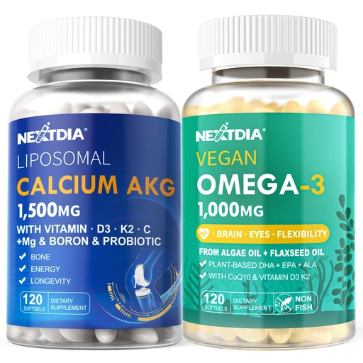 [BRSRAAY2CINWEGTL] Liposomal Calcium AKG Supplement 1500mg + Vegan Omega 3 Supplement 1000mg