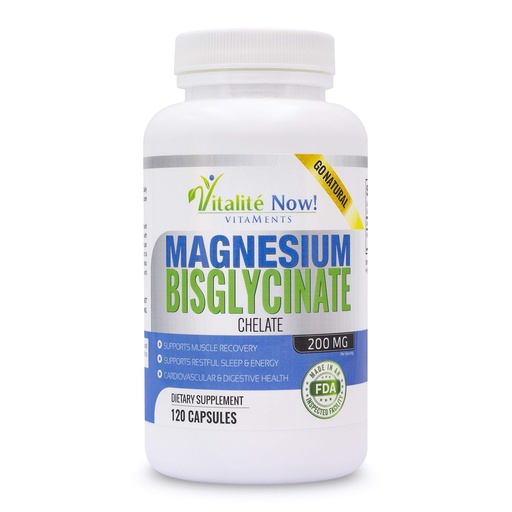 [BRSWYYYOOEHB6CQU] Vitalité Now! Magnesium Bisglycinate 200mg - 100% Chelated Capsules for Superior Absorption - Gentle Formula, No Laxative Effect - Sleep Energy Cramps Muscle Support - Fully Reacted & Buffered