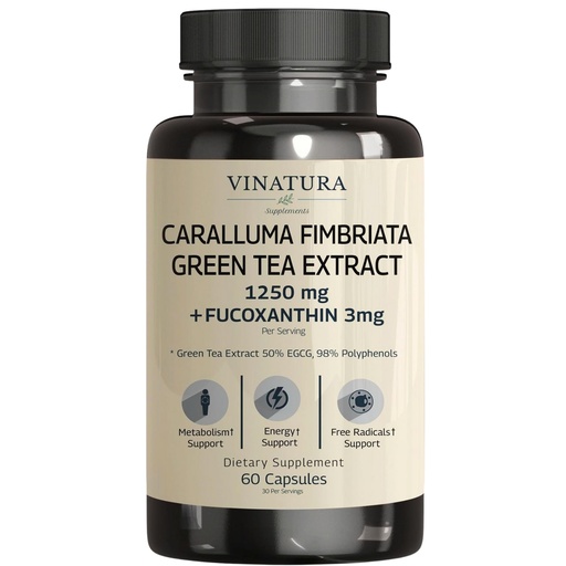 [BRSROZLRB4IQKC3Z] VINATURA Caralluma Fimbriata, EGCG 45% Extract 1250mg + Fucoxanthin 3mg per Serving *USA Made & Tested* for Immune Support, Energy and Mental Focus - 60 Capsules 30 Servings
