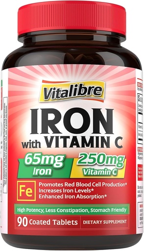 [BRSRAFIRCAMA4YLP] Iron Supplement 65mg with Vitamin C, Stomach Friendly Carbonyl Iron, High Absorption, Once Daily, Supports Red Blood Cell Production, Gluten Free, Non-GMO, 90 Tablets