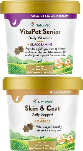 [BRSROGIODEDWMA33] NaturVet – Skin & Coat Plus Omegas for Cats – 60 Soft Chews | Supports Healthy Skin & Glossy Coat | & VitaPet Senior Daily Vitamins for Cats, Formulated to Provide Essential Minerals, 90 g, 60 Count