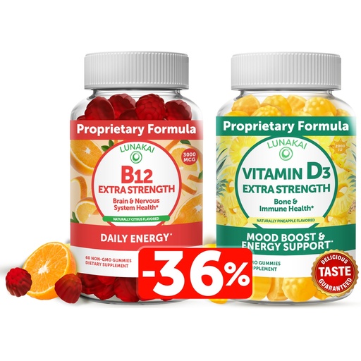 [BRSW2HALB4CRUEYZ] Lunakai Vitamin D3 and Vitamin B12 Gummies Bundle - Immunity, Bone and Mood Support VIT D3 2000IU Supplement - 3000mcg Methylcobalamin High Absorption Energy Gummy