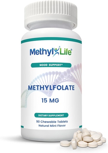 [BRSRAAARCAHBM3DX] Methyl-Life® L-Methylfolate 15 mg pour les femmes et les hommes – Supplément de folate actif avec ultrapure Cerebrofolate® (L-5-MTHF Calcium) – Haute biodisponibilité B9 Support – Comprimés croustillants savoureux