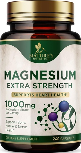 [BRSRAZQRCQJRECTA] Magnesium Mineral Supplement 1000 mg - High Potency Magnesium Citrate for Bone, Heart Health, Nerves & Muscle Support, Nature's Magnesium Complex for Whole Body Support, Bottled in USA - 240 Capsules