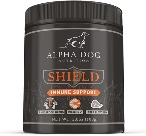 [BRSROYAFCB7A43I4] Shield Allergy Immune Support Supplement for Dogs by Alpha Dog Nutrition - 7 Nutritional Mushroom Powder Complex + Vitamin C to Boost Immunity - Up to 120 Servings for Small Breed Dogs, 108g