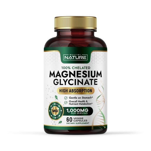 [BRSRAFIEAR6AGCTL] Built By Nature Magnesium Glycinate 1000mg – High Absorption Magnesium Supplement – 100% Chelated, Gentle on Stomach - Muscle, Heart, Bone & Relaxation Support - Non-GMO, Vegan - 60 Capsules