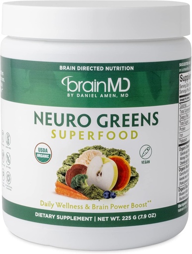 [BRSW2HYNCJ7RS3Q7] BRAINMD Dr Amen Neuro Greens Superfood - 7.9 oz - Підтримка Whole-Body Wellness, Дайджест + Immune & Brain Здоров'я - Gluten Free - 30 Сервінги