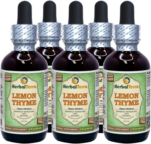 [BRSWGHYRAEIWCGTO] Lemon Thyme (Thymus x Citriodorus) Glycerite, Organic Dried Herb Alcohol-Free Liquid Extract (Brand Name: HerbalTerra, Proudly Made in USA) 5x2 fl.oz (5x60 ml)