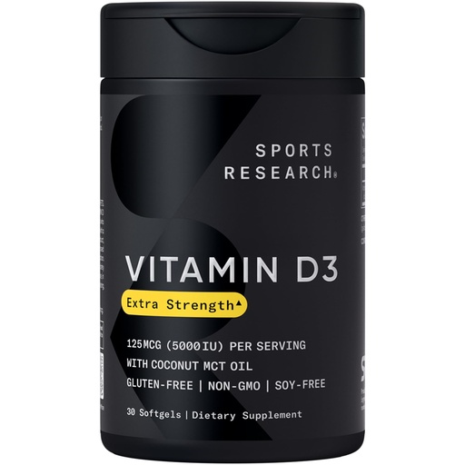 [BRSWGFICDEPQEHQ3] Sports Research Vitamin D3 5000 IU with Coconut MCT Oil - Extra Strength Vitamin D Supplement - Non-GMO Verified, Gluten & Soy Free – 125mcg, 30 Liquid Softgels