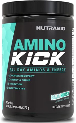 [BRSRMEA2BYNGA2D7] NutraBio Amino Kick – BCAA Powder with Natural Caffeine – Amino Acids Supplement for Energy, Hydration & Recovery – BCAAs, Electrolytes & Amino Acids – Baja Burst, 30 Servings