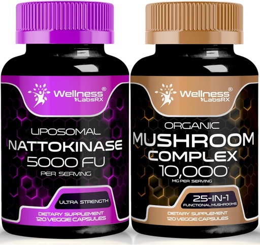 [BRSRAZIYOIFGOHIZ] Nattokinase Supplement Capsules - 250mg - Enzymes from Pure Japanese Natto Extract | Organic Mushroom Supplement Capsules - 1000mg - 25 in 1 Mushroom Complex Capsules | Bundle