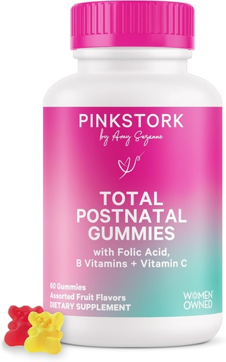 [BRSWYCD7BMORS2A7] Pink Stork Total postnatal Vitamin Gummis - Multivitamin für Postpartum Erholung und Lactation Unterstützung - Folsäure, B6, & Vitamin C - Postpartum Essentials - 60 Gummy Vitamine