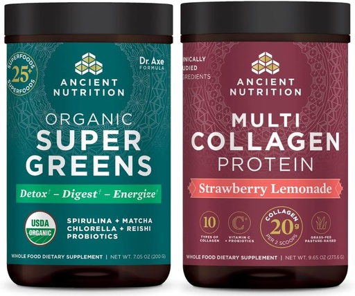 [BRSRMFQOAR5RAAI2] Ancient Nutrition Organic Supergreens Powder, Green Flavor, 25 Servere + Multi Collagen Protein Powder, Strawberry Lemonade, 24 Servere