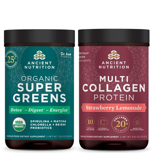 [BRSRMFQOAR5RAAI2] Ancient Nutrition Organic Supergreens Powder, Greens Flavor, 25 Servings + Multi Collagen Protein Powder, Strawberry Lemonade, 24 Servings