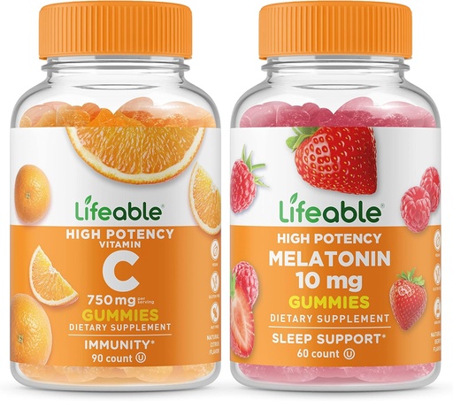 [BRSROZA3OUFR4E3A] Lifeable Vitamin C 750mg + Melatonin 10mg, Gummies Bundle - Great Tasting, Vitamin Supplement, Gluten Free, GMO Free, Chewable Gummy