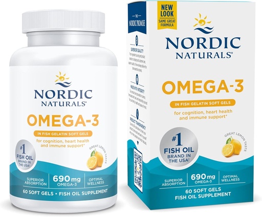 [BRSWIYAKCIOGCYLA] Nordic Naturals Omega-3 en Fish Gelatin, Lemon Flavor - 60 Fish Gels - 690 mg Omega-3 - Fish Oil - EPA &amp; DHA - Immune Support, Brain & Heart Health, Optimal Wellness - Non-GMO - 30 Servings