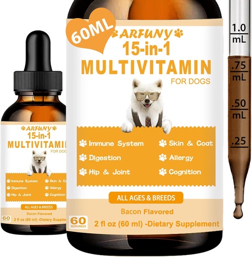 [BRSROBQPAACAI3L6] 15 in 1 Multivitamin for Dogs - Dog Multivitamin Liquid Support Joint, Gut & Immune Health - Canine Digestioa, bihotza, azala eta berokia Osasuna - Bitamina osagarriak Puppy - Bacon Flavor
