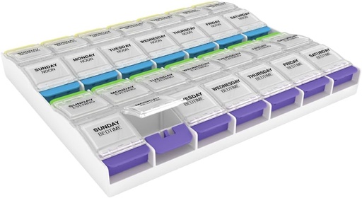 [BRSWICQ6CQNACF3A] Ezy Dose Weekly (7-dagers) Pill Case, Medisin Planner, Vitamin Organizer Box, 3X-store Push Button Compartments, 4 ganger om dagen, Clear Lids, BPA Gratis