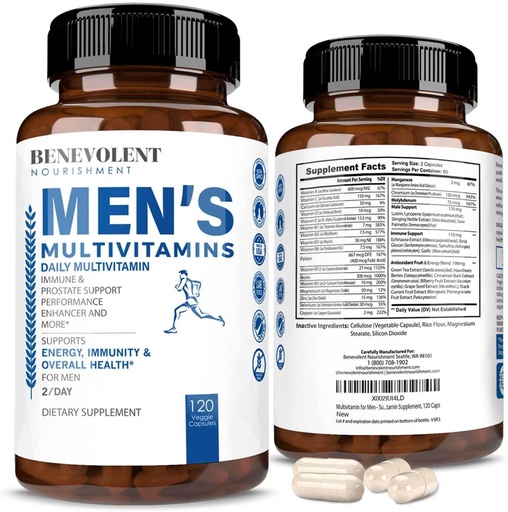 [BRSWYZQZOIFWGHLA] Benevolent Nourishment Multivitamin för Män - Stöder Energi & Total Hälsa - Essential Daily Vitamins för Män, Biotin, Magnesium, Zink & Antioxidant för immunhälsa - Non-GMO,120 Caps