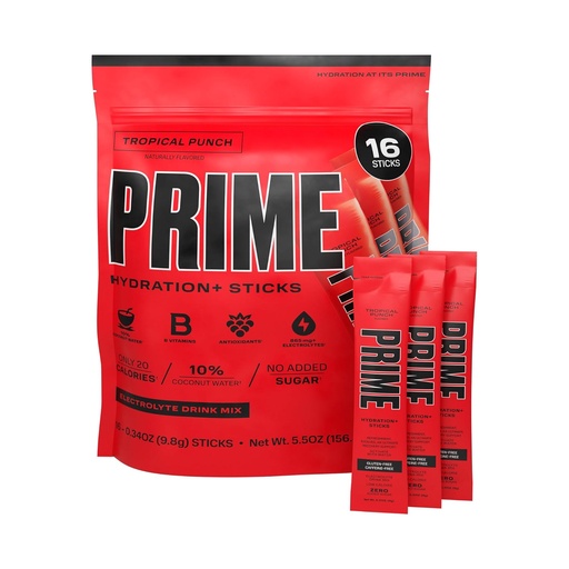 [BRSROCQPABYGA23F] PRIME HYDRATION+ Sticks Tropical Punch| Hydration Powder Single Serve Sticks | Electrolyte Powder On The Go | 250mg BCAAs, B Vitamins, Antioxidants | Low Sugar | Caffeine-Free | Vegan | 16 Sticks