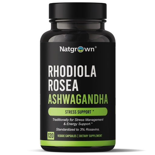 [BRSROZYPO56GAD3L] Natgrown Rhodiola Rosea with Ashwagandha Root Extract Capsules - Standardized to 3% Rosavins and 1% Salidroside - 120 Count
