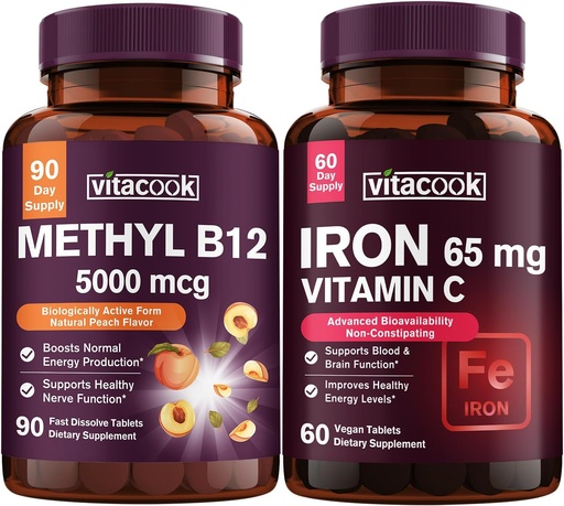 [BRSRA2T2BN7WCDT3] Iron and Vitamin B12 Bundle, 5000 mcg B12, Zero Sugar, Carbonyl Iron with Vitamin C, Gentle on The Stomach
