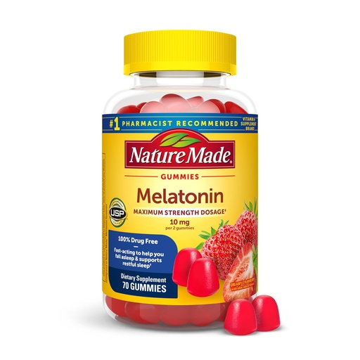 [BRSWGA34CUBQKGQV] Nature Made Melatonin 10mg per serving Gummies for Adults, Maximum Strength Dosage Sleep Aid, 100% Drug Free, 70 Count Melatonin Gummies, 35 Day Supply