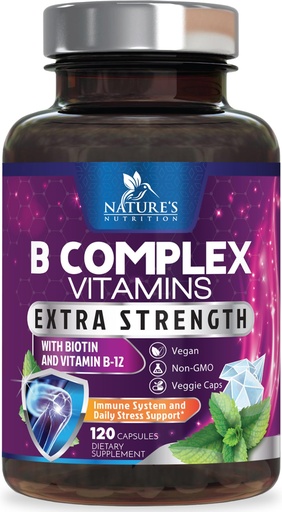 [BRSW2AA5AQBW2ETZ] B Complex Vitamins Capsules - Super Complete B-100 Complex with Vitamin B12 B6 C Biotin Folate & Folic Acid for Immune & Energy Support - Supplement for Heart, Brain, & Nerve Support - 120 Capsules