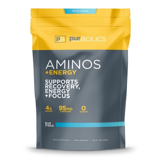 [BRSWGYYDCAAWYEL6] Purbolics Aminos + Energy | Supports Recovery, Energy & Focus | 95mg of Caffeine, 0 Calories & 60 Servings (Blue Steele)