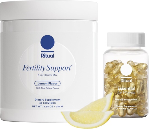 [BRSRAA33B5YAKCTG] Ritual Preconception Bundle: Essential for Women Prenatal Multivitamin and Lemony Fertility Support Drink Mix Supplement with NAC, CoQ10, and Myo-Inositol. Vegan and Formulated to Support Her.*