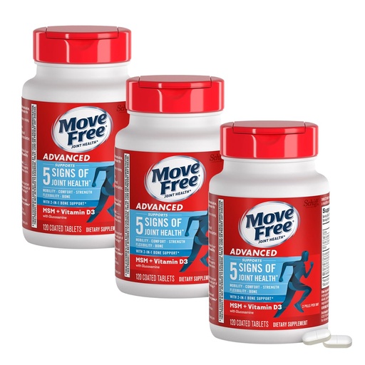 [BRSWGCD7DEPRQFL2] Move Free Advanced Glucosamine Chondroitin MSM + Vitamin D3 Joint Support Supplement, Supports Mobility Comfort Strength Flexibility & Bone + Immune Health - Tablet, 3x120ct Bottles (120 servings)*